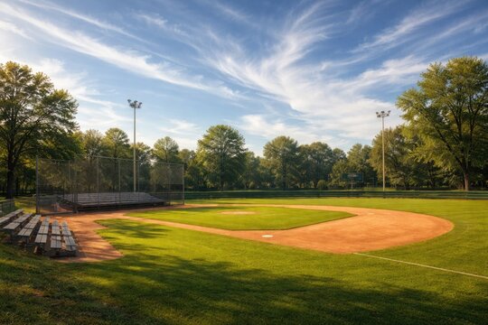 Quiet baseball field on a sunny day with wispy clouds overhead
