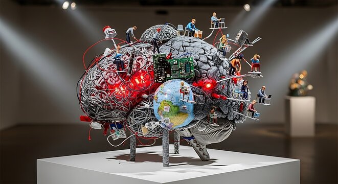 A large sculpture of a brain with miniature people and objects on display in an art gallery with spotlight