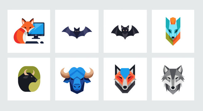 Geometric Animal Icons Set: Fox, Bat, Bull, Wolf, and More