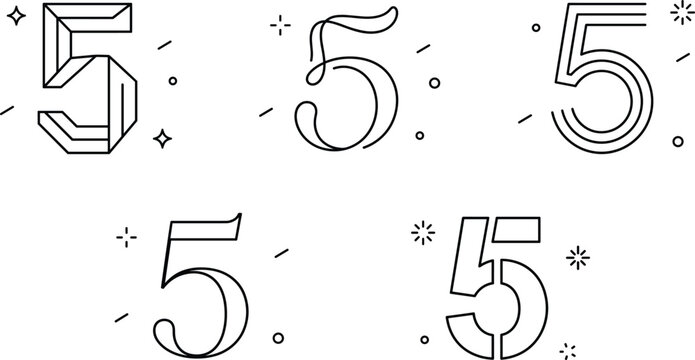 Number 5 Monogram Lettering Line Art Icon Set with Geometric Calligraphic and Stencil Font Design Elements