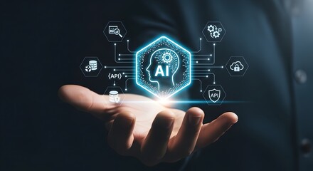 Fototapeta premium Artificial Intelligence and Data Network Hand Holding Futuristic AI Icon with Connected Technology Symbols