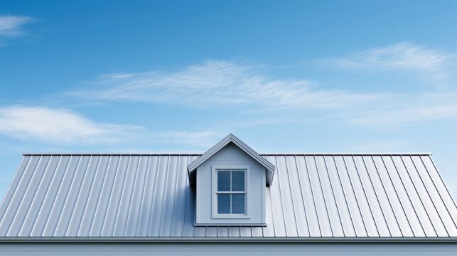 Modern metal roof with dormer window against blue sky
