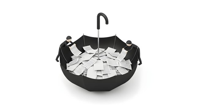 Characters collecting paper documents in an umbrella