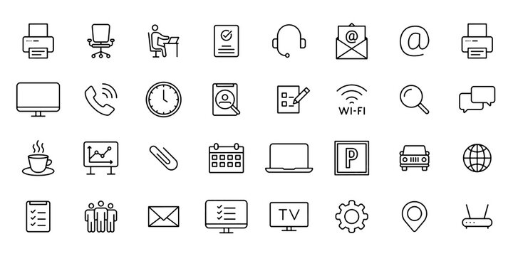 Office Workplace Web Icon Set, Line Style Business Team Vector Transparent Background