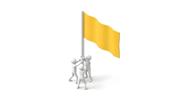 Team of people raising a yellow flag