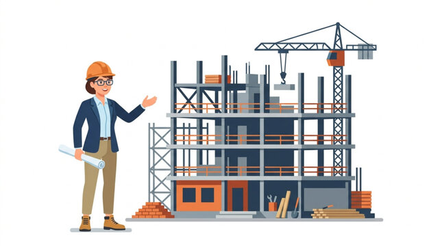 Female architect overseeing construction site with building plans.