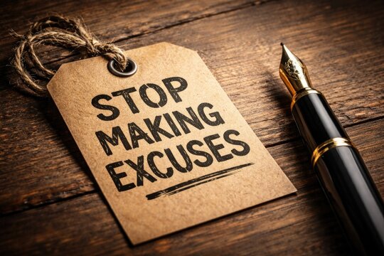 Ink pen placed beside a label tag boldly inscribed with STOP MAKING EXCUSES