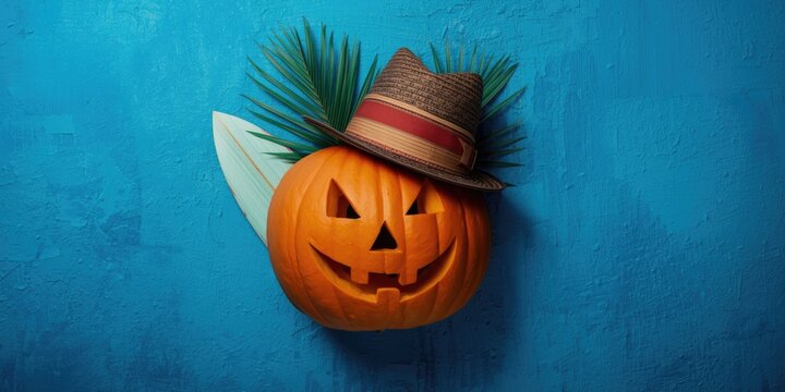 Blue textured background showcasing a Halloween pumpkin with fashionable hat, palm leaf, and surfboard