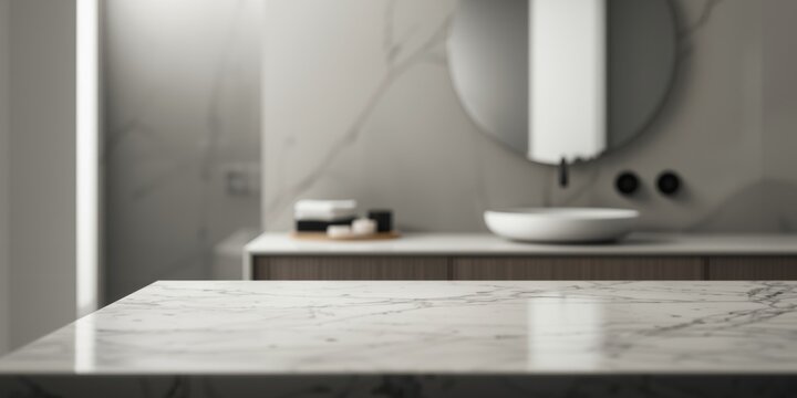 Bathroom interior with blurred backdrop and clean table top