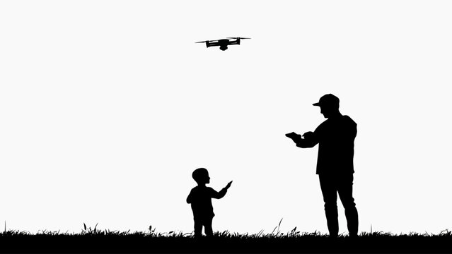 Silhouette of father and son flying a drone outdoors, family hobby with quadcopter vector, man and child playing with remote control aircraft EPS