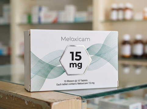 Box of Meloxicam 15 mg tablets on pharmacy counter
