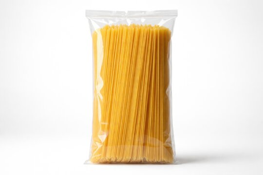 Clear polythene bag holding spaghetti pasta isolated on white studio backdrop packaging mockup upright frontal view