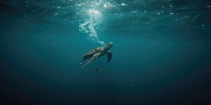 Sea Turtle Swimming Gracefully Underwater Scene, Deep Blue, Peaceful Atmosphere