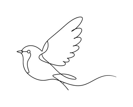 "Flying Robin". Minimalistic one-line drawing robin bird in mid-flight with gentle wing curve and motion line,