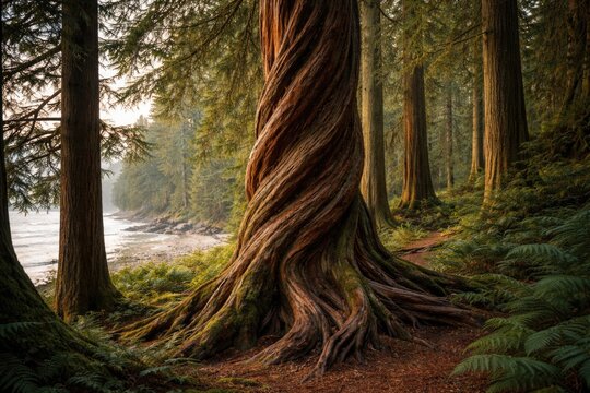 Western Red Cedar Tree with Spiraled Trunk Growing in a Thick Forest Grove Close to the Shoreline