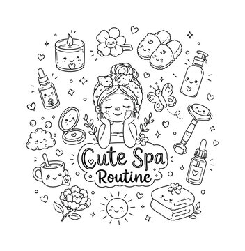 Cute Spa Routine. Hand-drawn doodle illustration of Cute Spa Routine. In the middle, one slightly larger