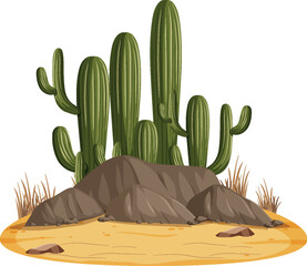 Desert landscape element with saguaro cactus plants and rocks isolated on a white background vector © mita