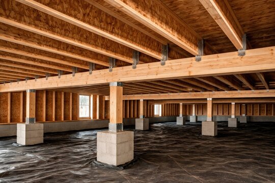 Engineered wood joists supporting crawl space in new home structural framework