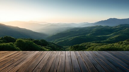 Wooden deck overlooking mountain range landscape © Akash