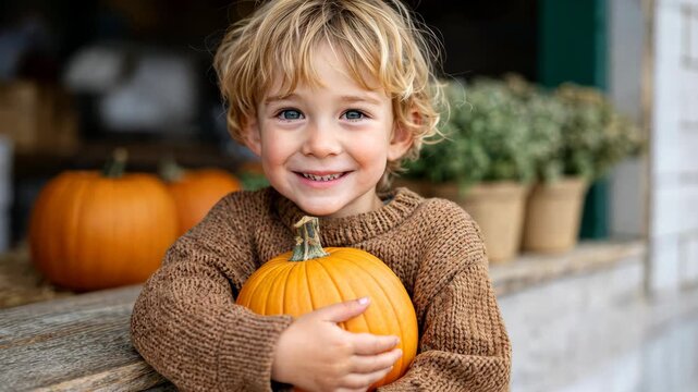 Cheerful child embracing pumpkin in rustic autumn setting