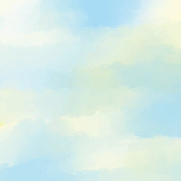 A soft, painterly sky with gentle blue and pale yellow clouds, creating a serene and ethereal abstract background.