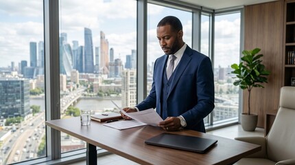 Obraz na płótnie Canvas Confident Black businessman at standing desk with city view
