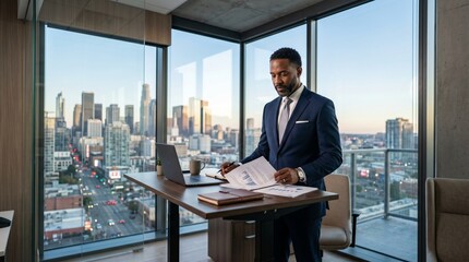 Naklejka na ściany i meble Confident Black businessman at standing desk with city view