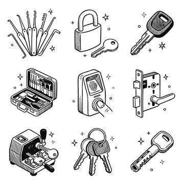 Locksmith and Security Tool Icons Set - Hand-Drawn Sketch Vector Illustration with Lock Picks, Keys, Padlock, Biometric Scanner, and Key Cutting Machine