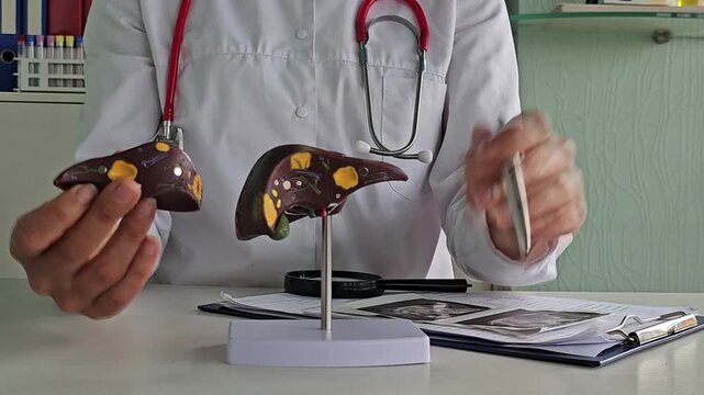 Doctor shows model of liver during medical consultation in clinic for education and patient understanding