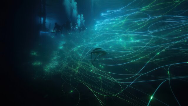 Underwater scene with glowing bioluminescent filaments, figures obscured in the dark depths