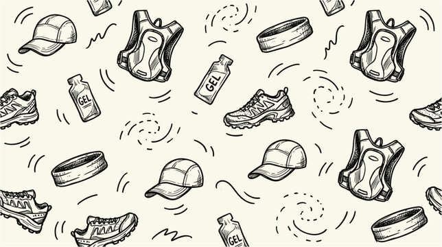 Seamless pattern with hand drawn trail running gear items vector illustration