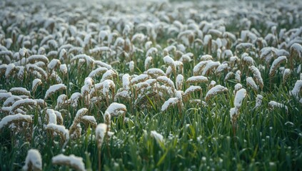 Fototapeta premium Snow-Covered Grain Crops in Winter Close-Up of Vibrant Green Grass