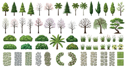 Landscape design vector elements, garden trees and shrubs collection, outdoor vegetation set with stones and grass, architectural site plan symbols © map world