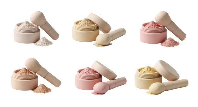 various shades of loose cosmetic powder with brush on a white background makeup application and product advertising