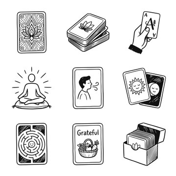 Hand-Drawn Mindfulness and Tarot Card Icon Set for Spiritual Wellness and Meditation