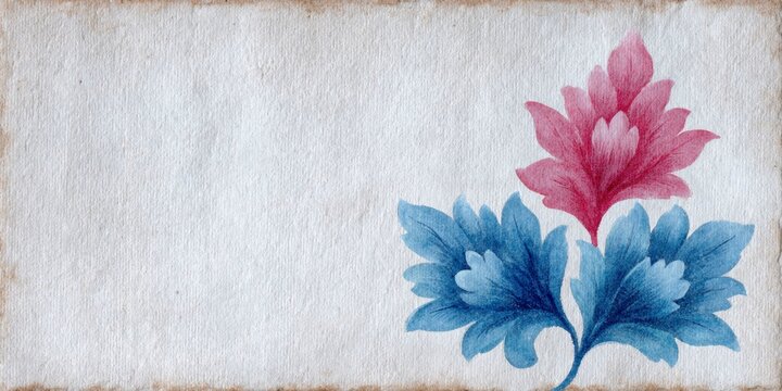a vintage damask pattern with distressed edges, in shades of blue and red on an aged paper background.