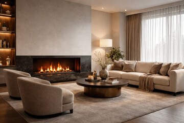 Fototapeta premium Elegant modern living room with fireplace warmth and clear copyspace background