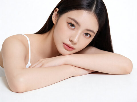 a beautiful influencer asian woman on white background