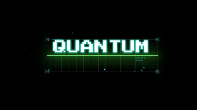 Quantum computing text animation with futuristic digital grid elements and glowing cyan pixelated font effect on a dark background for modern tech branding