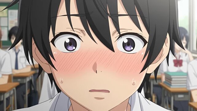 Anime character with purple eyes and flushed cheeks, slight smile, in classroom setting