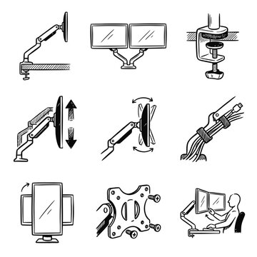 Hand Drawn Monitor Arm Icons Set - Ergonomic Desk Mount, Dual Screen Setup, Height Adjustment, Tilt, Rotate, and VESA Mounting Diagrams