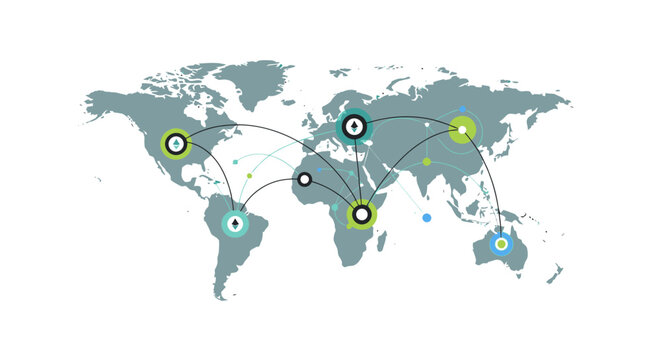 Global Ethereum Network Map Representing Worldwide Blockchain Connectivity, Cryptocurrency Decentralized Finance and Digital Asset Trading Connections