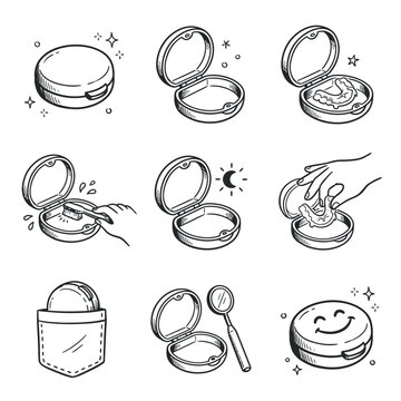 Hand-Drawn Dental Retainer Case and Care Icon Set - Orthodontic Aligner Maintenance Illustrations