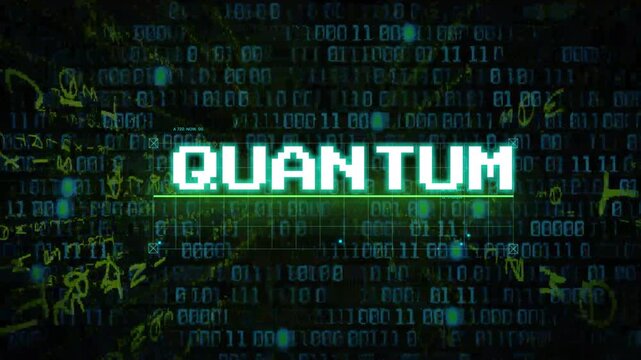 Quantum computing concept featuring glowing digital binary code streams and futuristic data processing visualization for advanced cyber security technology background