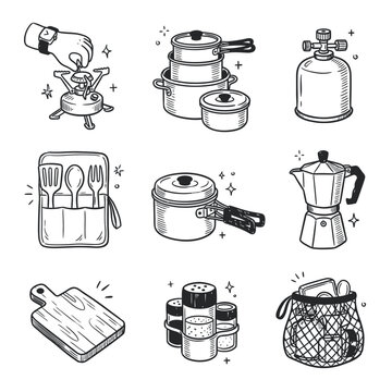 Camping Cooking Equipment Hand-Drawn Icons Set - Outdoor Hiking Kitchenware Sketches including Portable Stove, Pots, Moka Pot, and Cutlery