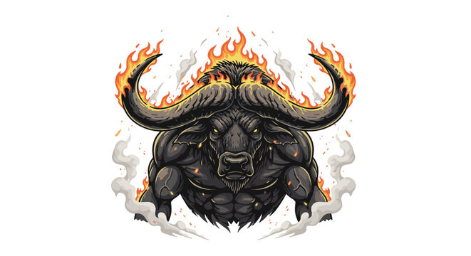 Detailed vector artwork depicting a powerful infernal buffalo demon with glowing embers, massive pointed horns, and a fierce expression isolated on a dark background.