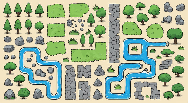 Cartoon nature game assets vector set, top down landscape map elements with green trees and blue rivers, forest environment icons for game design