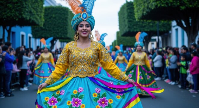 Vibrant woman in colorful traditional costume participating in a lively cultural parade with spectators watching