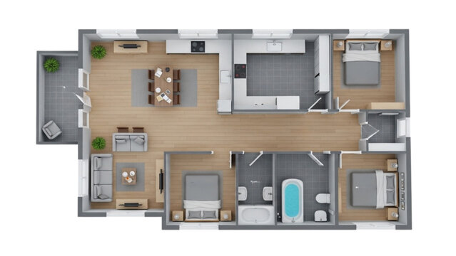 A 2D CAD drawing of a modern house floor plan with living areas and bedrooms