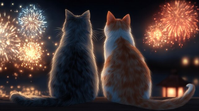 Two cats silhouetted against a vibrant night sky filled with dazzling fireworks display
